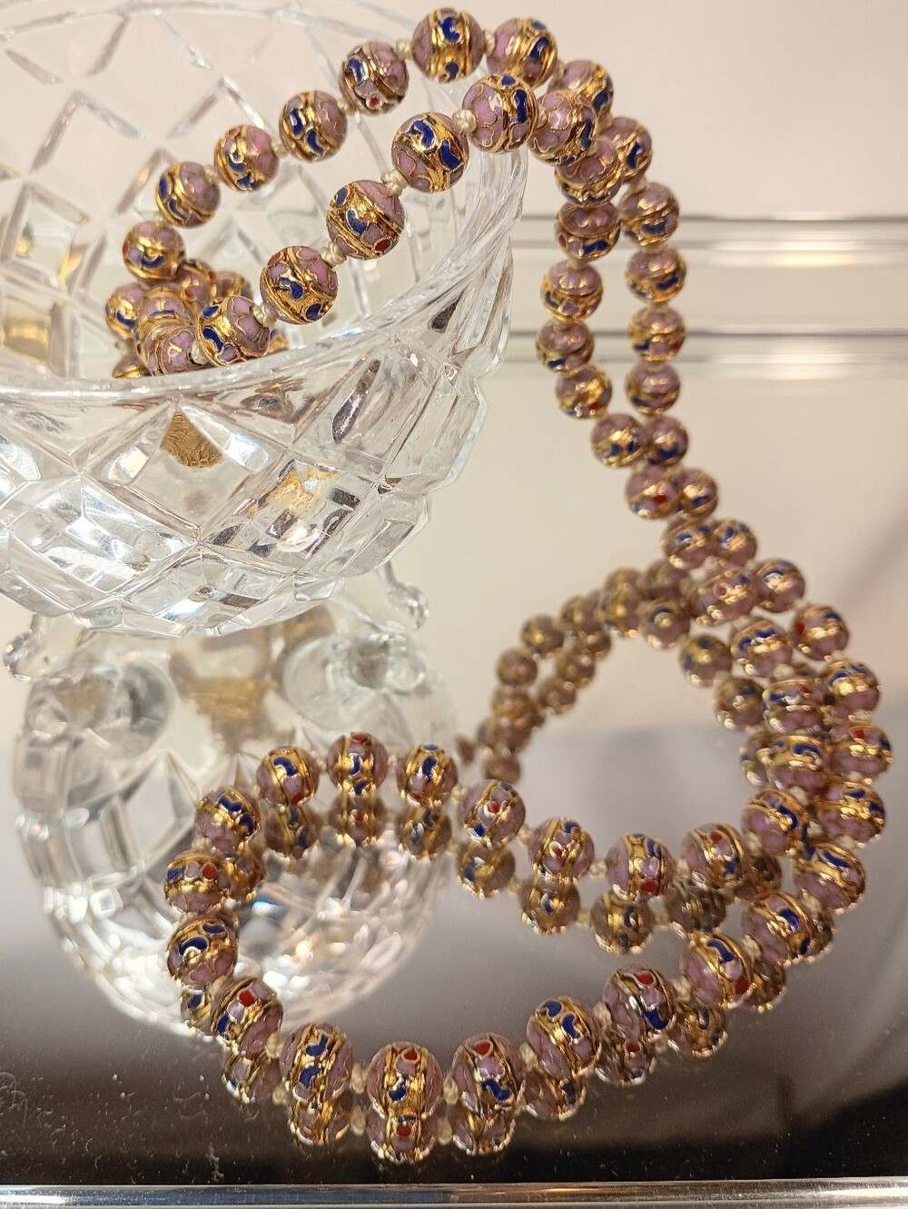 Handcrafted Cloisonné Bead Necklace - Pink & Blue Gold Accents
